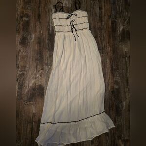 Chic White Maxi Dress with Black Trim Bow Detail fairycore corset ruffled trim
